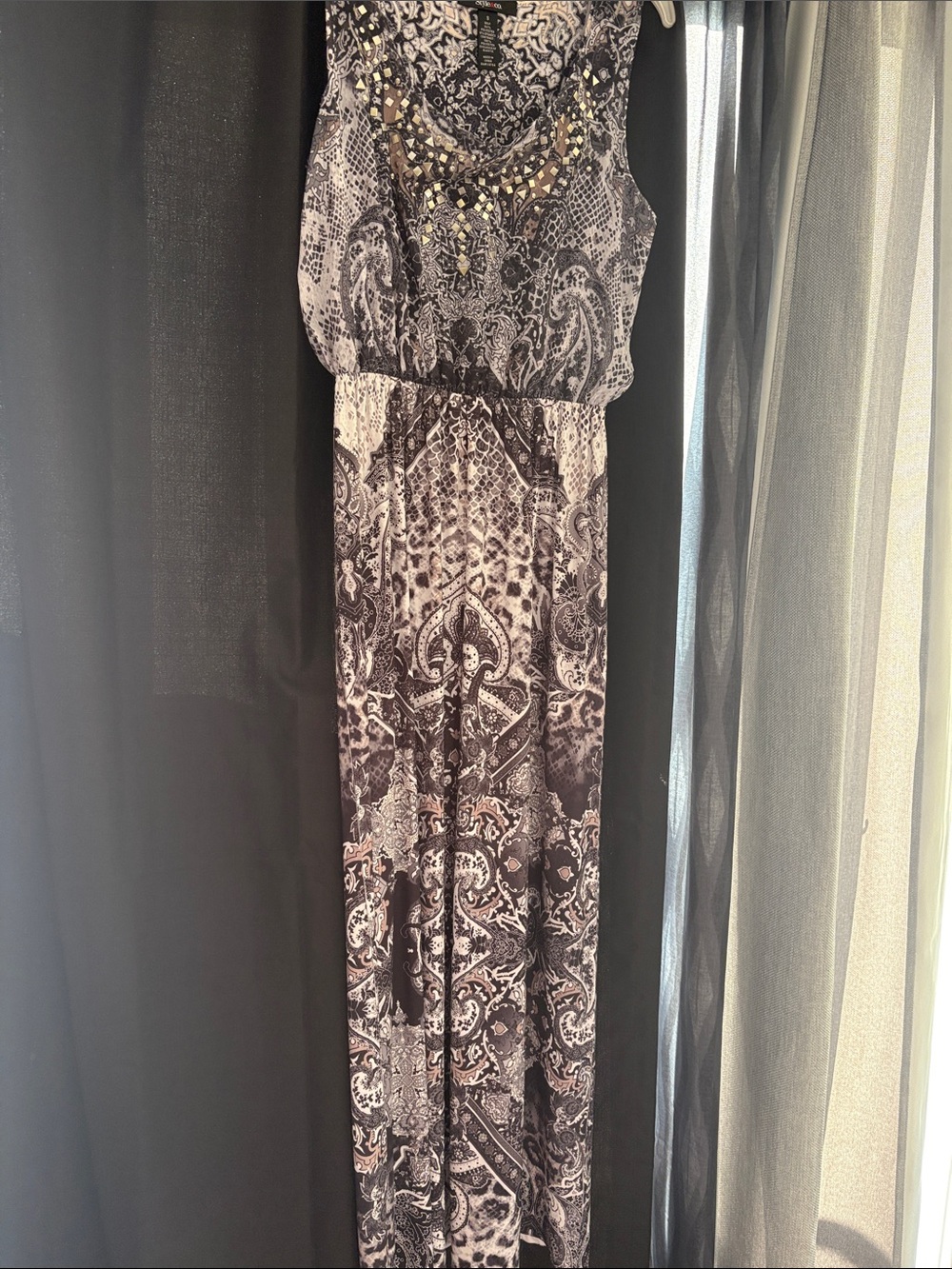 Style & Co. Black and White Paisley Maxi Dress with Studded V-Neck